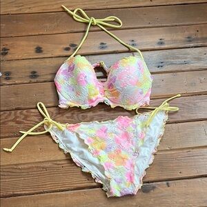 Victoria Secret Floral Lace Bikini Set in Yellow and Pink